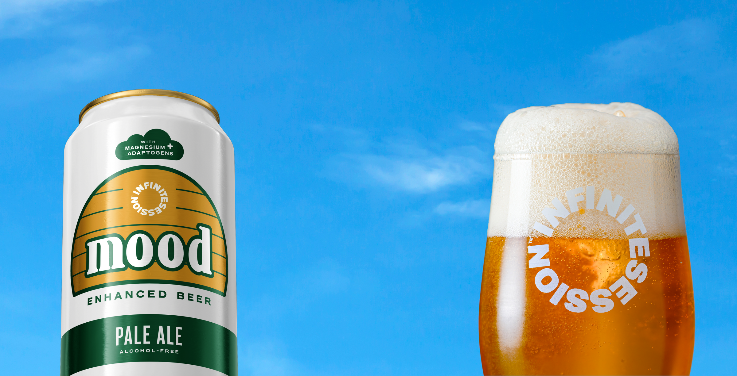 Mood beer can and a glass of beer against a blue sky background