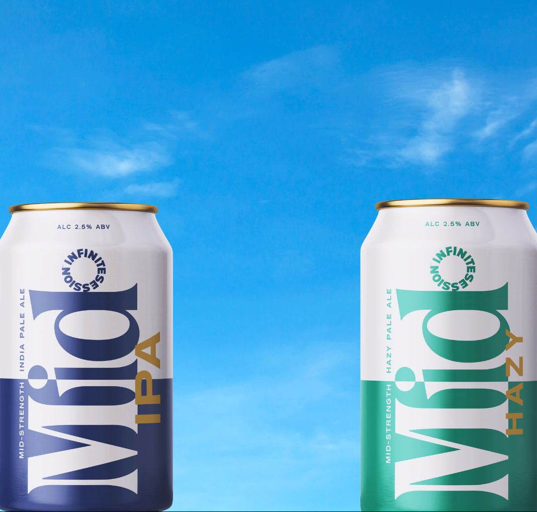 Two cans of Infinite Mid beer against a blue sky background