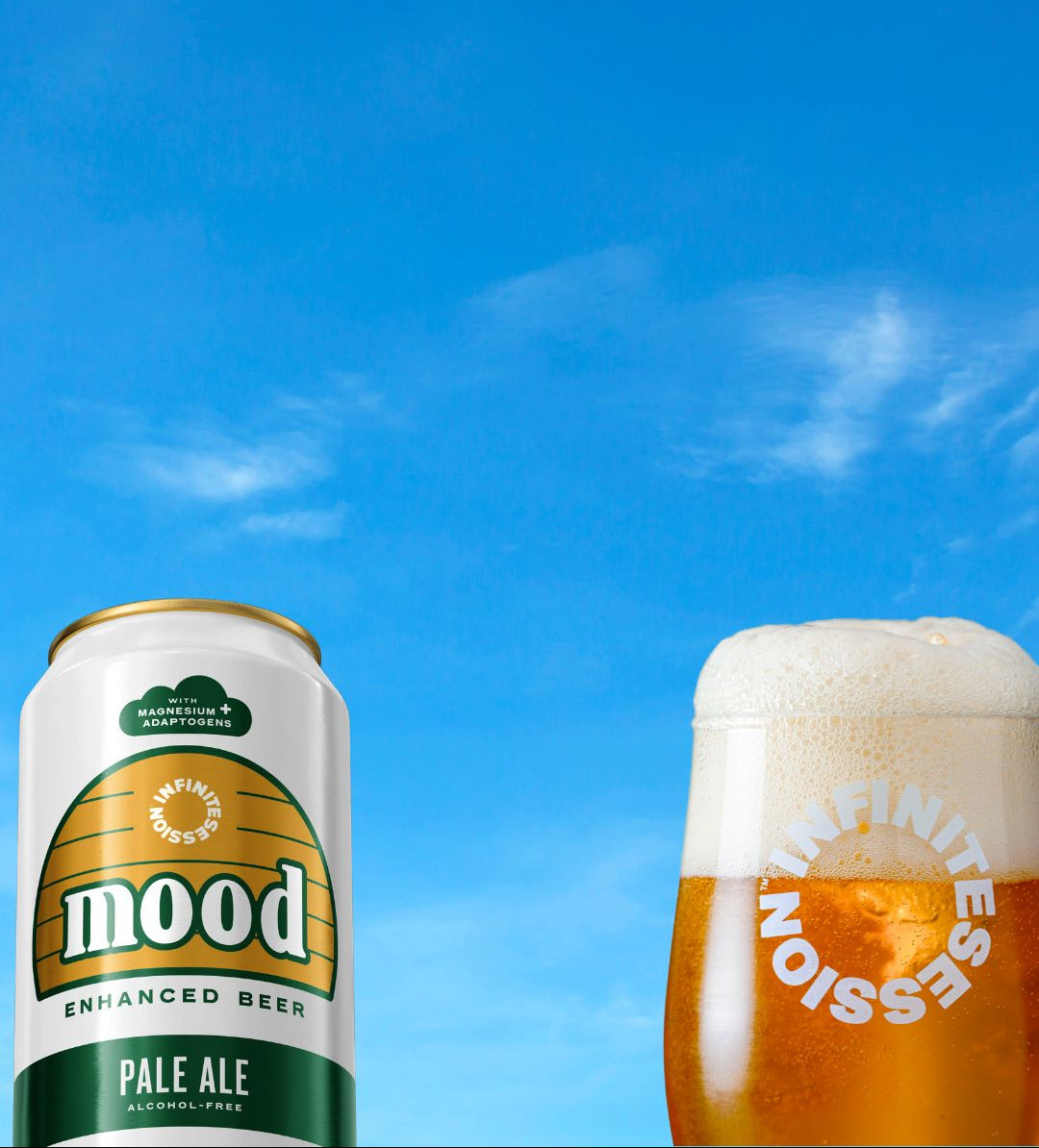 Mood Pale Ale can and glass against a blue sky background